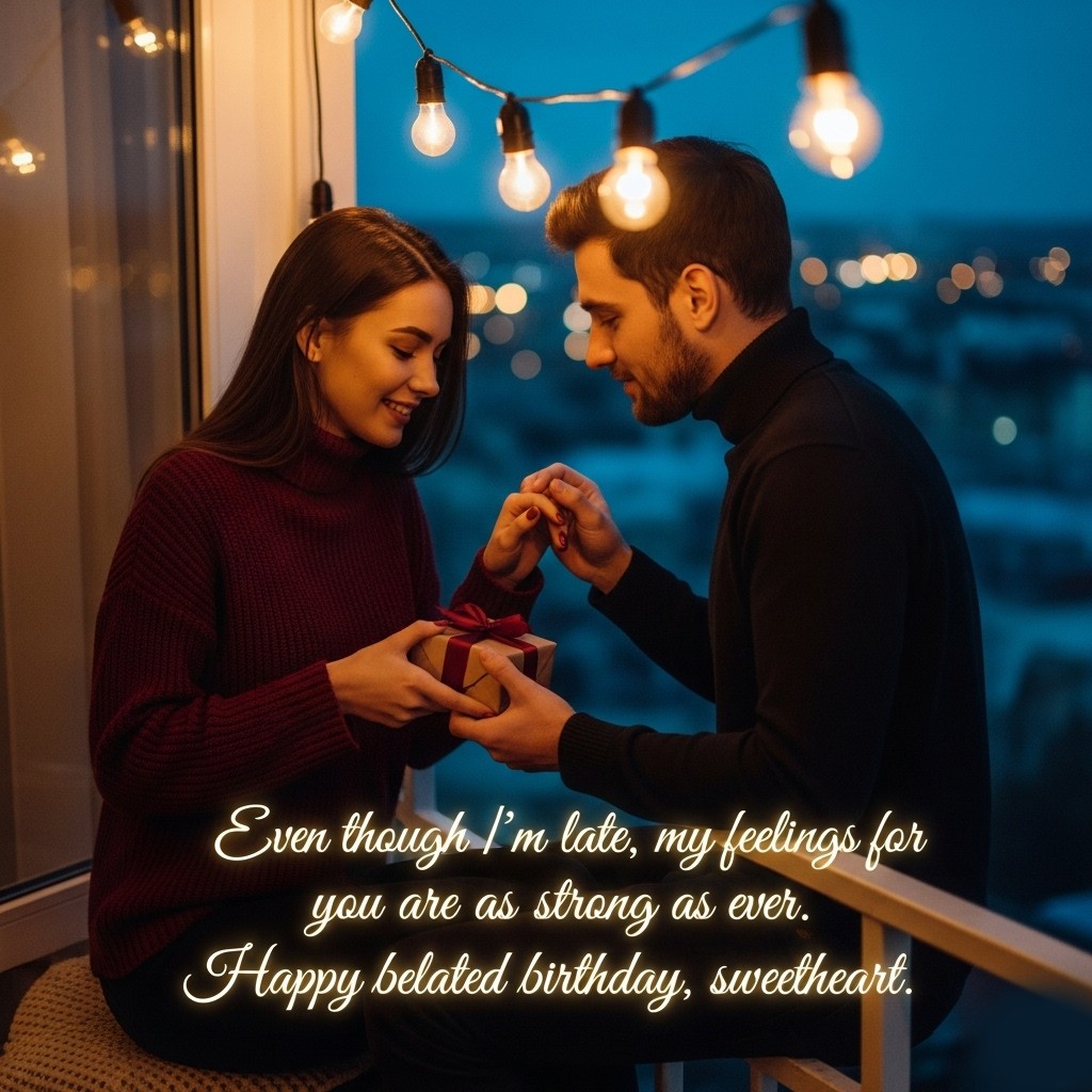 Even though I’m late, my feelings for you are as strong as ever. Happy belated birthday, sweetheart.
